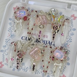[Premium] Romantic Crystal Rose Handmade Nail Tips - Square L / [프리미엄] 로멘틱 크리스탈 로즈 수제네일팁 - 스퀘어L