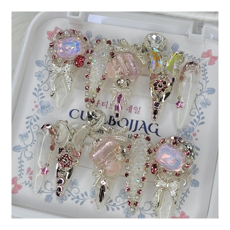 [Premium] Romantic Crystal Rose Handmade Nail Tips - Square L