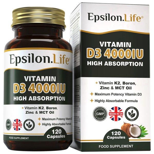 Vitamin D3 K2 Zinc Supplement – Vitamin D 4000IU High Strength Formula with Vitamin K2 Mk7, Zinc, Boron and MCT Oil for Optimal Absorption – 120 D3 & K2 Capsules - Made in The UK