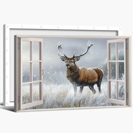 GUTTATY Fake Window Winter Wall Art, Winter Elk Pictures Prints, Faux Window Snowy Deer Wall Paintings, Winter Snow Landspace ReinDeer Wall Pictures for Living Room, Bedroom, Office 12x18 Inch