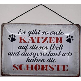 Blechschild Blechemma with Cord 30 x 20 cm with German Text "Es gibt so viele Katzen auf Dieser Welt und ausgerechnet wir haben die Schönste !" [German Language]