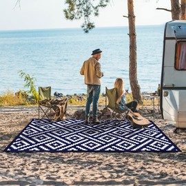 GENIMO Outdoor Rug 4x6 Waterproof, Reversible Mats, Outdoor Area Rug, Plastic Outside Carpet, Eeometric Rv Mat for Patio Camping Rv Picnic Backyard Deck Balcony Porch Beach (Navy Blue & White)