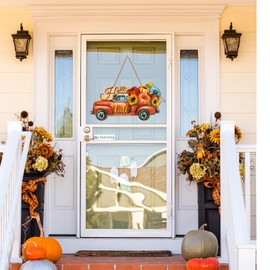 BBTO Thanksgiving Pumpkin Welcome Sign Door Decor Hello Fall Wood Hanging Decoration Autumn Wooden Signs Rustic Fall Decorative for Porch Home Wall Indoor Outdoor Decor(Truck)