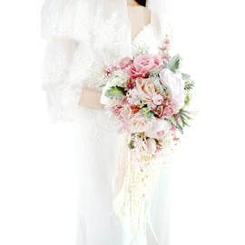 Yelinart 11 Inch Dusty Pink Rose Wedding Bouquets for Bride White Artificial Roses Flower Cascading Bridal Bouquet for Rustic Boho Fall Vintage Wedding Ceremony Party and Anniversary