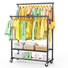 Double Rods Clothes Rack for Hanging Clothes, Heavy Duty Rolling Clothing Rack with Wheels, Freestanding Garment Racks with Oxford Bottom Shelf and Mesh Bottom Shelf for Bedroom Laundry Living Room