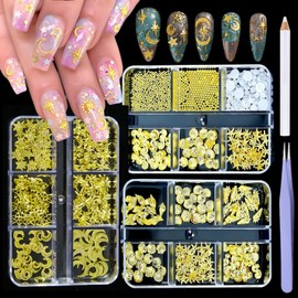 XEAOHESY 3 Boxes Gold Nail Charms Moon Star Nail Rivets Ocean Nail Studs Pearls Caviar Beads for Nails Summer Starry Sky Beach Charms for Nails with Pickup Pen and Tweezers