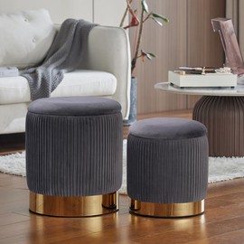 YYW HOME Round Storage Ottoman Set of 2, Velvet Storage Ottoman for Living Room, Round Storage Ottoman, Ottoman Chair, Gold Ottoman with Storage, Accent Chair, Modern Ottoman (Gray)