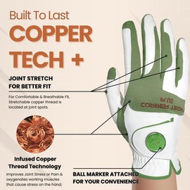 Copper Tech Women's Golf Gloves with Ball Marker - Ladies Golf Gloves with 100% AAA Synthetic Leather - Wrist Support & Breathability - Golf Gloves Left Handed Golfer (Hand Orientation: Right)