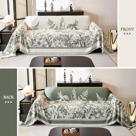 DREAMINGO Floral Sofa Cover Plush Couch Cover for Dogs Jacquard Farmhouse Couch Cover for 3 Cushion Couch Washable Thick Couch Cover Blanket Living Room Vintage Furniture Protector, 71"x150",Green