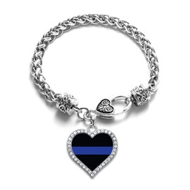 Inspired Silver - Thin Blue Line - Police Support - Silver Braided Bracelet for Women - Open Heart Charm Bracelet Jewelry Gift with Cubic Zirconia - Women's Charm Bracelet with Lobster Claw Clasp