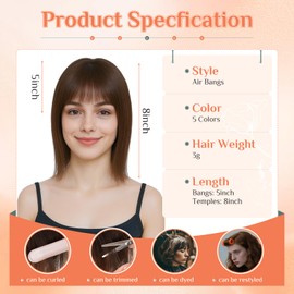 Benehair Clip-In Real Hair Extensions, Air Fringe, Real Hair, 3 g, Clip-In Bangs, Real Hair Front Fringe, 100% Natural Bangs with Temple Face Shape, Change High Hairline, Light Brown #6