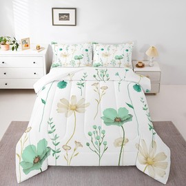 Erosebridal Watercolor Floral Bedding Set King Size, Mint Green Beige Flower Comforter Set for Teens Adult Women, White Modern Minimalist Quilt Plant Branches Pastoral Duvet Insert, 2 Pillow Cases