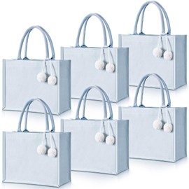 6 Pack Blank Canvas Tote Bags with Pom Poms Bridesmaid Bachelorette Beach Bags with Handles for DIY Wedding Shopping(Light Blue, White)