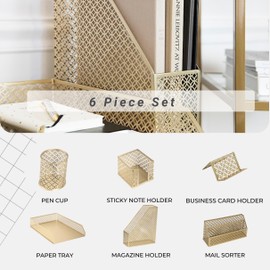 BLU MONACO Gold Desk Organizer Set – Mail Sorter, Sticky Note Holder, Pen Cup, Magazine Holder, Letter Tray & Business Card Holder – Pink Office Decor