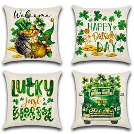 JOJOGOGO St Patricks Day Shamrock Pillow Covers 18x18 Set of 4, Saint Patricks Day Decorations for Home Green Spring Decorative Throw Pillow Covers 18 x 18, St Patricks Day Farmhouse Decor