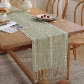 Rustic Farmhouse Style Linen Table Runner, Vintage Woven Cotton Linen Table Runner with Handmade Tassel, for Holiday Party and Dining Room Dresser Decor (GREEN)