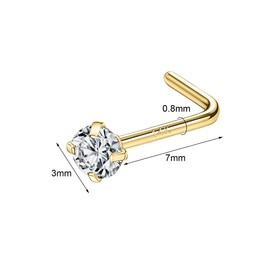 SYLWIA 14K Real Gold Nose Studs 20g, L Shaped Nose Rings Corkscrew, Simulated Diamond CZ Hypoallergenic 20 Gauge Nose Ring Piercing for Women Wen Gifts - 2mm 2.5mm 3mm CZ, Yellow Gold, cubic zirconia
