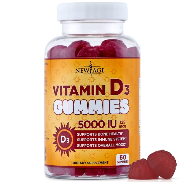 NEW AGE Vitamin D3 5000 IU 125mcg Gummies - Support Immune Support, Strong Bone Health - Non-GMO, Gluten-Free, Dairy-Free, No Gelatin (60 Gummies (Pack of 1))