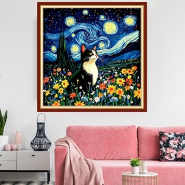 Redxing Stamped Cross Stitch Kits Embroidery kit for Beginners Adults Full Range of Embroidery Patterns Starter Kits DIY Printed Cross Stitch Kits Needlepoint Kits 11CT-Van Gogh Starry Cat 18x18 inchs