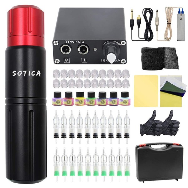 SOTICA Rotary Machine Kit, Complete Machine Pen Kit Professional Pen Kit with Machine Pen Power Supply Cartridges Practice Skin Ink Cap Makeup Accessories