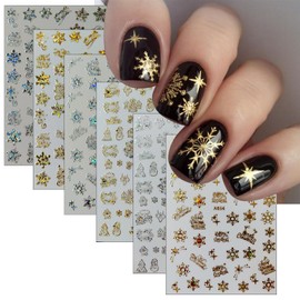 6 Sheets Christmas Nail Stickers Snowflake Xmas Tree Elk Nail Decals 3D Self Adhesive Xmas Winter Nail Sticker for Nail Art,Laser Gold Silver Nail Design Nail Supplies for Women Girls Nail Decoration