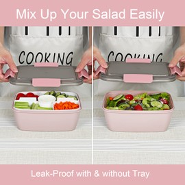 Caperci Large Salad Lunch Container - Adult Bento Lunch Box with 68 oz Salad Bowl, 5-Compartment Tray, 2pcs 3-oz Sauce Cups, Stackable, BPA-Free (Pink)