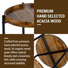 MyGift 2 Tier Round End Table with Premium Acacia Solid Wood Shelf and Black Metal Frame, 22 Inch Tall Side Table Modern Home Living Room or Bedroom Furniture