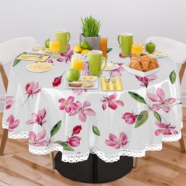 POFATO Apple Blossom Flower Round Tablecloth 60 Inch Stain Resistance Polyester Table Cloth Round Table Cover for Dining Kitchen Party Holiday Home Decor