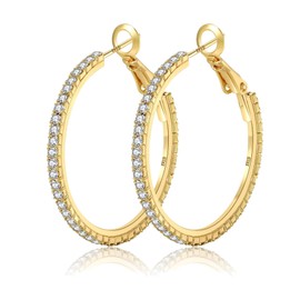 WATEFOER Large Rhinestone Hoop Earrings for Women Girls Thin Round Hoop Earrings Hypoallergenic Gold Hoop Earrings 14K Gold-Plated Earrings Jewellery Gifts 40/50/60/70 mm, Cubic Zirconia