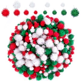 BQTQ 2100 Pieces Christmas Pom Pom Glitter Red White Green Mini Pom Pom Fluffy Tinsel Pom Pom Balls for Craft Making and Christmas Decorations, 4 Sizes