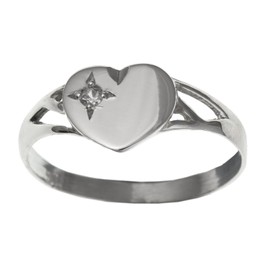 WOMENS White/Clear Cubic Zirconia (CZ) Set Heart Signet Ring With Cut-Out Shoulders - 925 Sterling Silver - Size O
