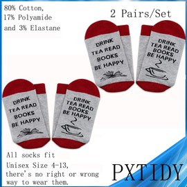PXTIDY Tea Lover Gift Book Lover Gift Socks Drink Tea Read Books Be Happy Socks Gift for Book Club Reader Bookworm