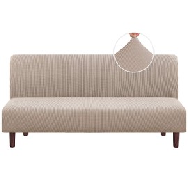 PrinceDeco Stretch Armless Futon Cover Futon Slipcover Full Queen Size Futon Couch Cover Futon Sofa Cover Futon Bed Cover Furniture Protector with Elastic Bottom, Checked Pattern Jacquard, Sand