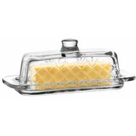 Royalty Art Glass Butter Dish with Lid, Single Stick Container with Handle Cover, Rustic Farmhouse or Vintage Boho Kitchen Accessory, Clear