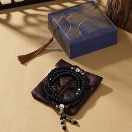 SENOPEKOO Mala Beads Bracelet | Balance & Strength in Uncertainty | 108 Natural Obsidian & Tiger Eye Gemstone Protection Prayer Beads for Men & Women | Meditation Lucky Gift