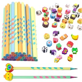 Vimmvid Pack of 60 Children's Pencil with Eraser, Random Eraser Style, 30 Triangular Pencils and 30 Erasers for Birthday Party Bag Gift Children Party Favour