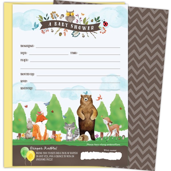 KokoPaperCo 2 in 1 Woodland Baby Shower Invitations and Tear-Off Diaper Raffle Tickets. Gender Neutral Design with Woodland Animals. 25 5x7 Fill in The Blank Invites with Yellow A7 Envelopes.