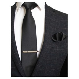 Jemygins Men’s Wedding Ties and Handkerchiefs - Plain Set with Tie Clip - Various Colours - Black , size: m