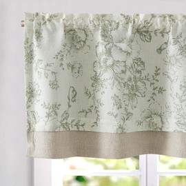 Vangao Linen Valance Curtain Farmhouse Sage Green Floral Window Valance Christmas for Bedroom, 18 Inch Flower Small Valances for Kitchen Double Layer Window Topper Treatment Rod Pocket 1 Panel