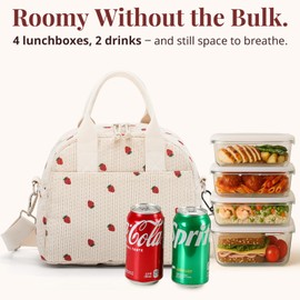 LOVELYWIND Crossbody Strawberry Lunch Bag for Women, Insulated Corduroy Tote with Adjustable Strap, Water Resistant Lunch Box for Work, Picnic, Travel or Beach, Beige Cream Reusable Lunch Box