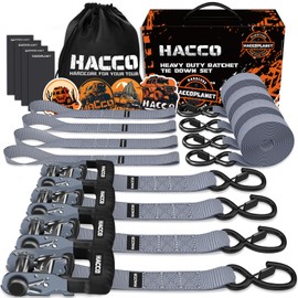 HACCOPLANET Ratchet Straps, 5280lb Break Strengeth, 1.6" Heavy Duty Ratchet Tie Down Strap Set w/Padded Handle, S Hook, Soft Loop for UTV Motorcycle Truck Cargo Straps (Grey, 16FT)