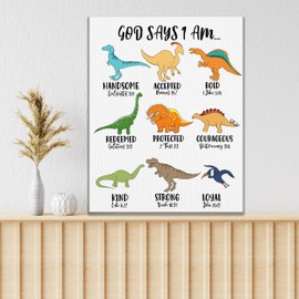 KEUSPI dinosaur room decor for boys Christian Bible Verse God Says I am for Kids Cute Dinosaur Wall Decor Canvas Wall Art Painting Paints Picture for Home Kids Room Classroom Nursery Playroom,11x14 Inch,dinosaur wall decor
