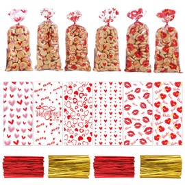 120 Pcs Valentines Cellophane Treat Bags, Valentine’s Day Candy Bags with Twist Ties, Valentines Heart Candy Bags Clear Party Favor Bags for Wedding Christmas Valentine Sweet Supplies