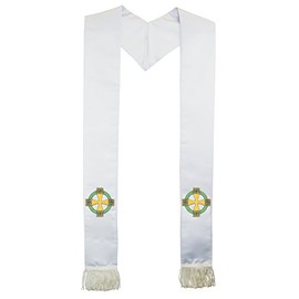White Clergy Stole with Embroidered Celtic Cross Symbol [MADE IN USA] | 100% Polyester Pastor or Clergy Sash, Stole, or Scarf for Ministers, Priests, & Weddings | 80” Long