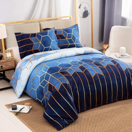 Geometric Diamond Duvet Cover Golden Stripes Soft Microfiber Bedding Set, Reversible Lightweight Duvet Sets 3 Pieces With Zipper (Blue, Double)
