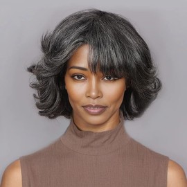 soul lady Trendy Medium Salt and Pepper Natural Wavy Bob Wear Go Glueless Human Hair Wigs With Bangs For Women Over 50 Silver Gray Wavy Wig Non Lace Wavy Wig Human Hair Grey Wig 8 Inch