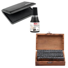 COLOP Black Ink Pad, Ink Pad Refill & Alphabet Letter Stamps Set | Suitable for Stamping Letters | Used for Crafting, Home and Office Use | 110mm x 70mm Stamp Pad, 25ml Ink & 70pcs Set