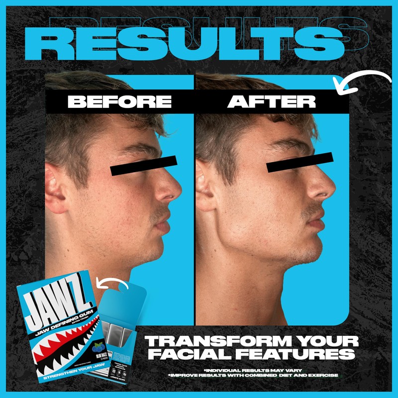 Jawz Gum Jawline Chewing Gum, 4 Pack Box, Blue Razz,