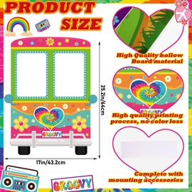 Cinnvoice 3 Pcs Hippie Bus Photo Booth Props Hippie Birthday Party Decorations Peace Love Selfie Frame Banner Handheld Portable Backdrop 60s 70s Groovy Retro Background for Outdoor Indoor