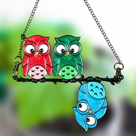 Multicoloured Owl on a Wire Stained Glass Window Decoration, Hanging Suncatcher, Owl Suncatcher, Window Decoration, Hanging Bird Suncatcher